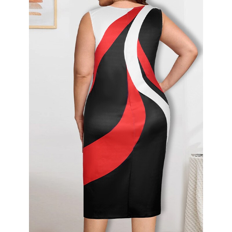 flowersverse Women's Plus Size Work Dress Bodycon Sheath Dress Color Block Midi Dress Sleeveless Crew Neck Fashion Outdoor Black Spring Summer XL XXL 3XL 4XL 5XL