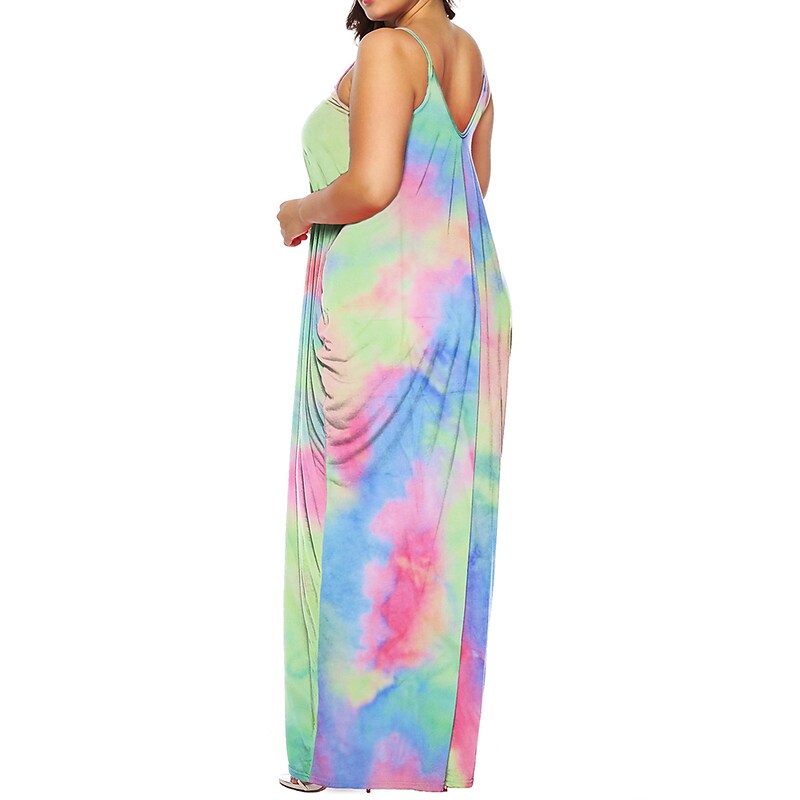 flowersverse Women's Plus Size Casual Dress Shift Dress Slip Dress Leaf Tie Dye Long Dress Maxi Dress Sleeveless Pocket Print Strap Fashion Daily Light Yellow White Spring Summer XL XXL 3XL