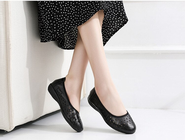 flowersverse Spring Genuine Leather Flat Summer Shoes Women Casual Hollow Breathable Soft Bottom Ladies Flats Plus Size 35-43