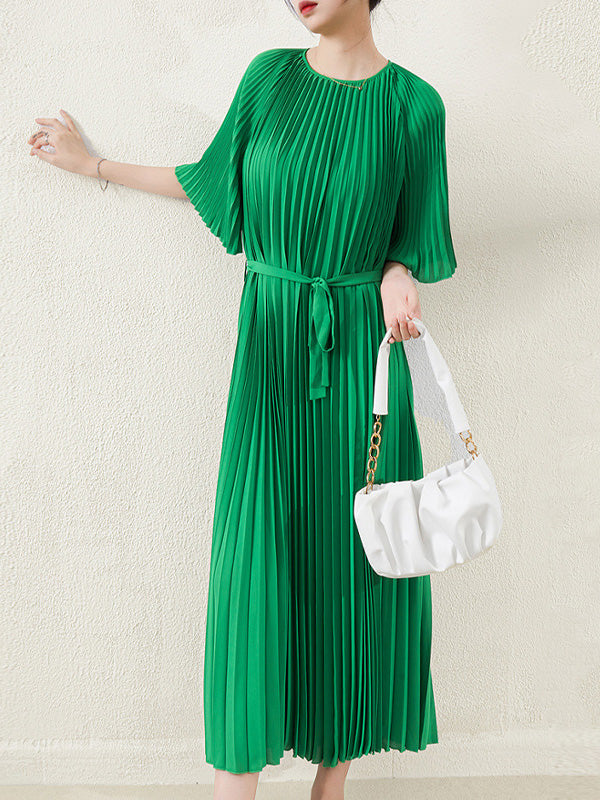 flowersverse Loose Pleated With Waistband Solid Color Round-Neck Maxi Dresses