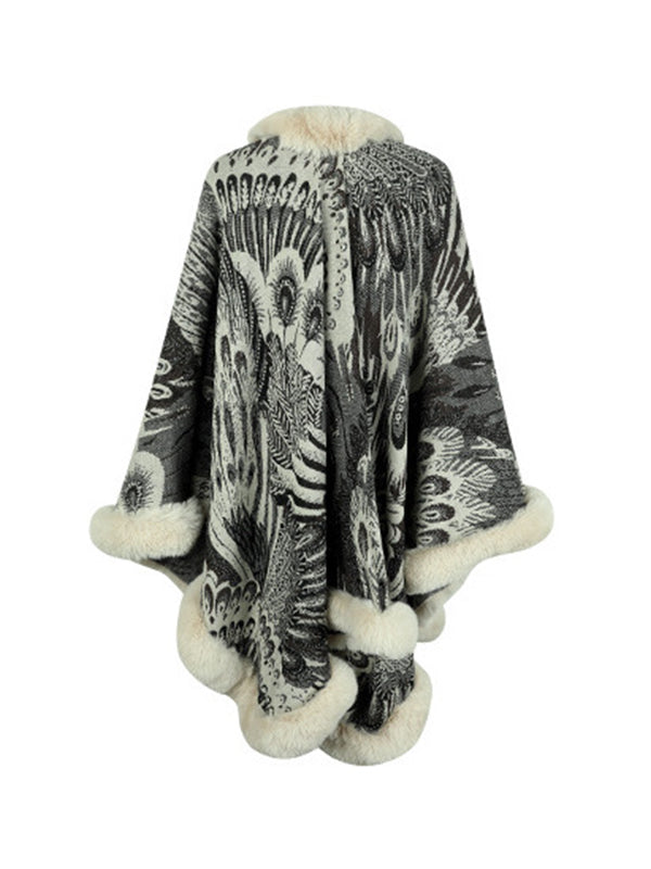 flowersverse Jacquard Keep Warm Velvet Long Sleeves Loose Collarless Shawl Cape