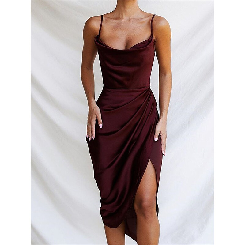 flowersverse Women's Semi Formal Dress Party Dress Satin Dress Sheath Dress Midi Dress Wine Sleeveless Pure Color Backless Winter Fall Spring Spaghetti Strap Fashion Party Slim S M L