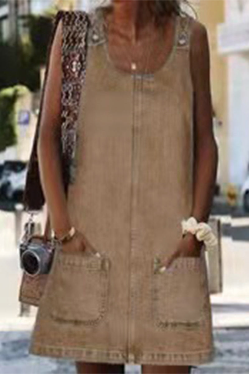 flowersverse Casual Street Solid Pocket U Neck Dresses(4 Colors)