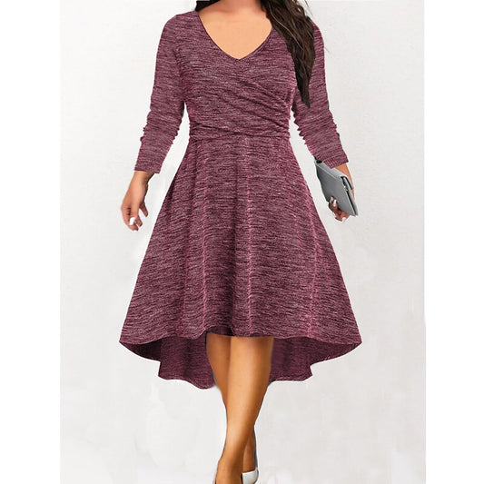 flowersverse Women's Plus Size Casual Dress A Line Dress Solid Color Midi Dress Long Sleeve Ruched V Neck Basic Daily Wine Green Fall Spring L XL XXL 3XL