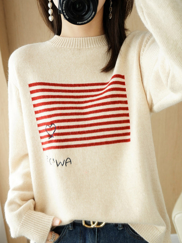 flowersverse Casual Loose Long Sleeves Striped Round-Neck Sweater Tops