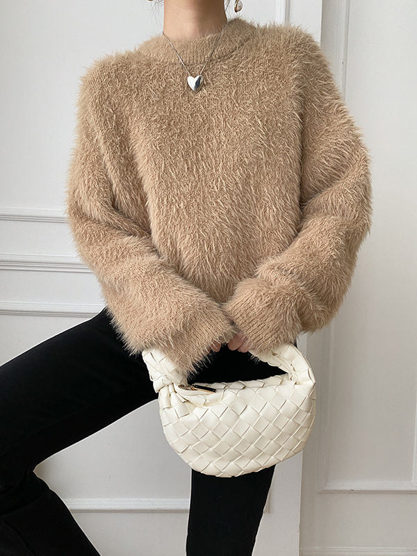 flowersverse Simple Loose Long Sleeves Solid Color Round-Neck Sweater Tops