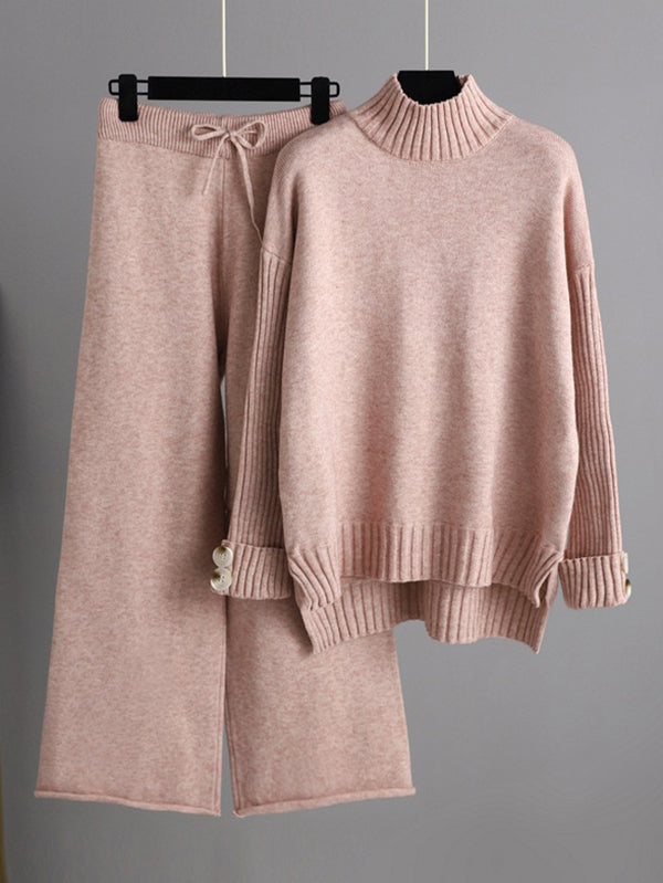 flowersverse Urban Long Sleeves Solid Color Half Turtleneck Sweater Tops & Wide Leg Pants Two Pieces Set