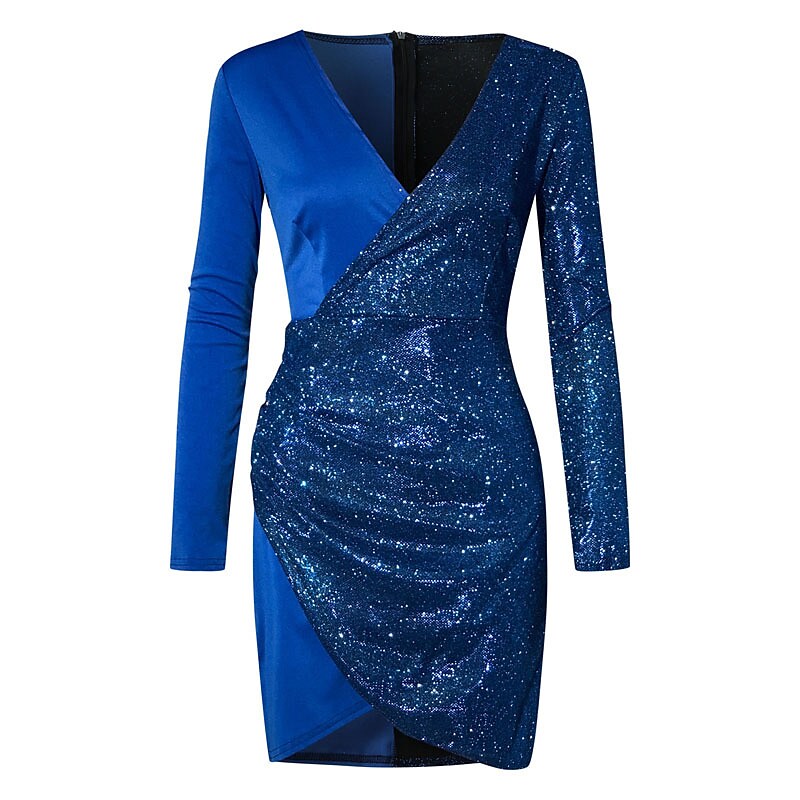 flowersverse Women's Cocktail Party Dress Sequin Dress Bodycon Mini Dress Black Wine Navy Blue Long Sleeve Pure Color Sequins Winter Fall Autumn V Neck Winter Dress Fall Dress Slim S M L XL 2XL