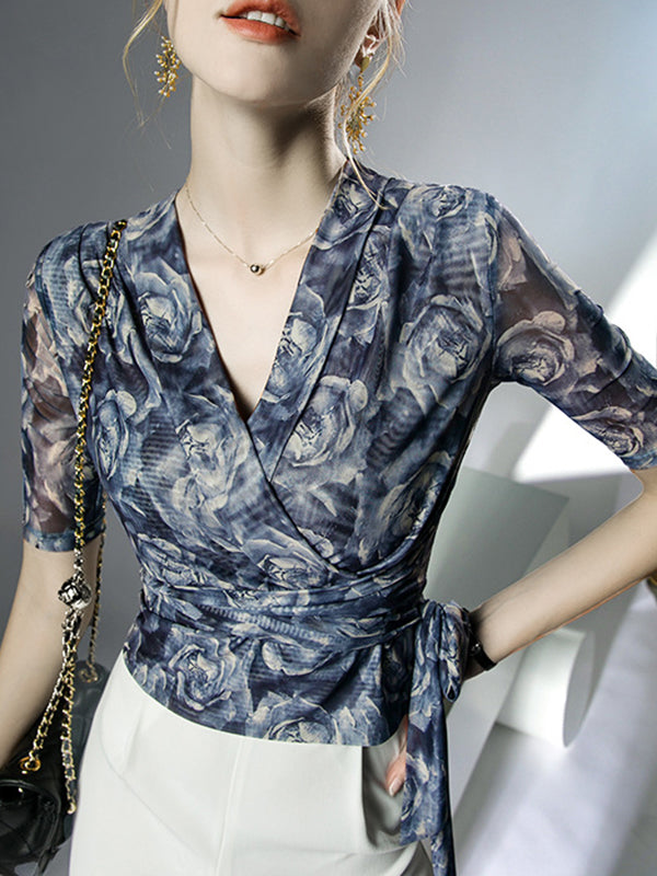 flowersverse Flower Print Mesh Tied Half Sleeves Plus Size V-Neck Blouses&Shirts Tops
