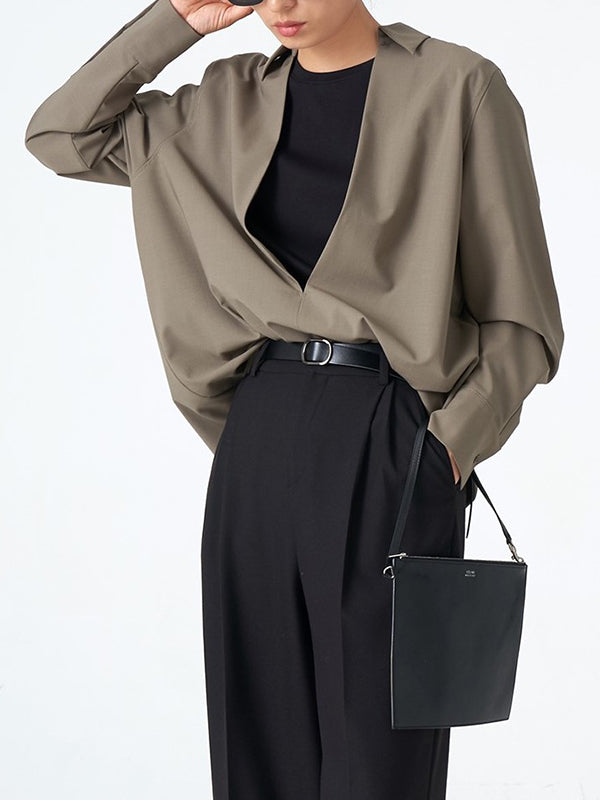 flowersverse Solid Color Long Sleeves Loose Deep V-Neck Blouses&Shirts Tops