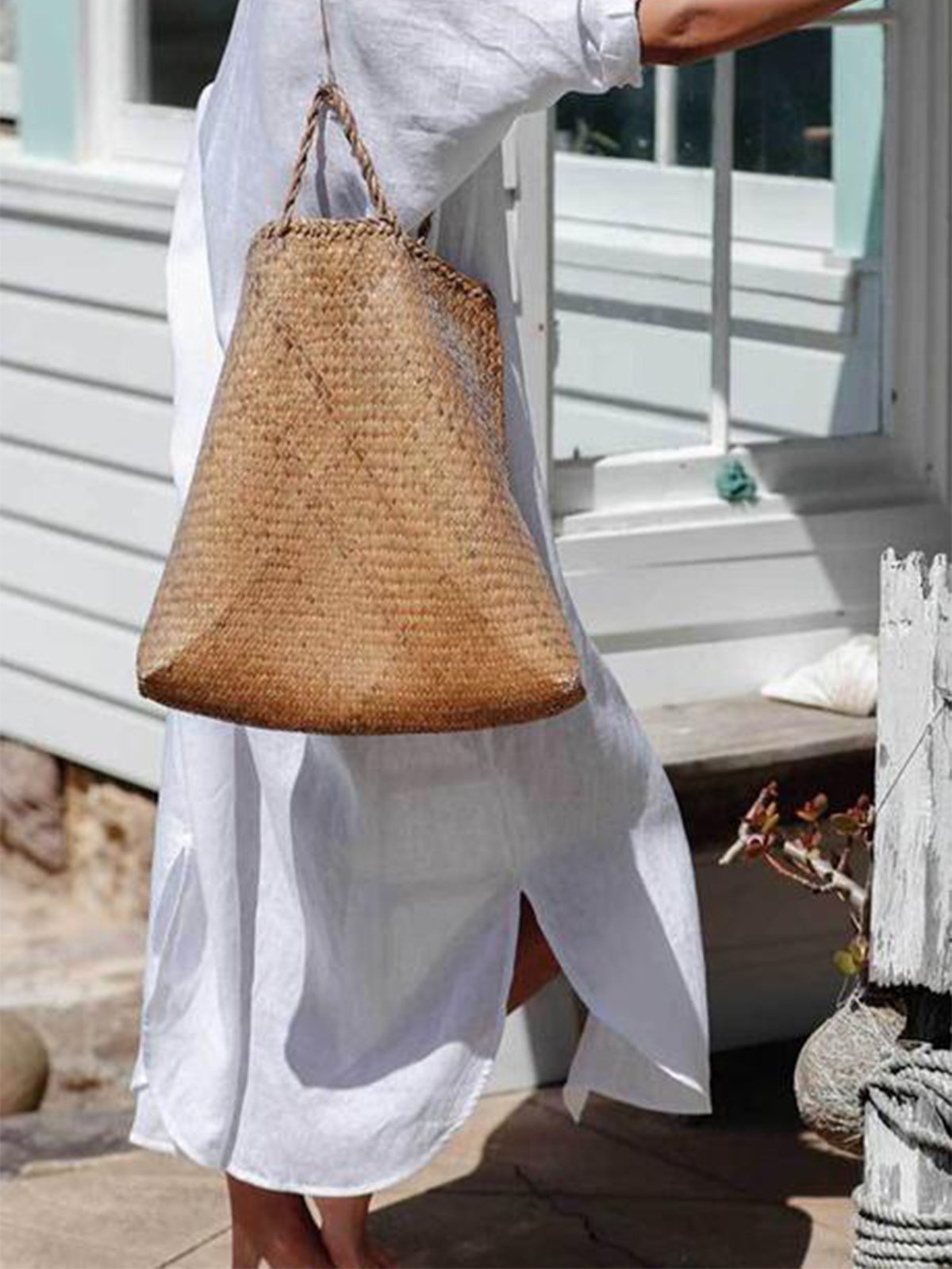 flowersverse Solid Cotton-Blend Shift 3/4 Sleeve Shirt Collar Weaving Dress