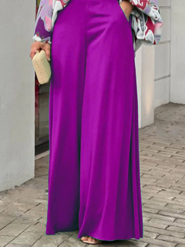 flowersverse Original Contrast Color Blouse&Solid Wide Legs Pants 2 Pieces Set