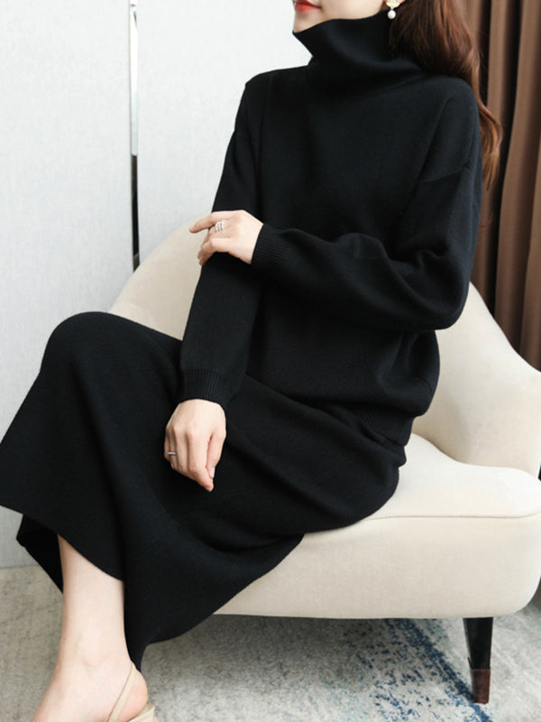 flowersverse Urban Loose Solid Color High-Neck Sweater Tops & Skirts Bottoms Suits