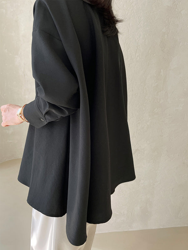 flowersverse Buttoned Solid Color Long Sleeves Loose Lapel Blouses&Shirts Tops