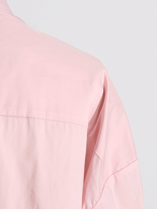 flowersverse Asymmetric Buttoned Pleated Solid Color Split-Joint Three-Dimensional Flower Long Sleeves Loose Lapel Blouses&Shirts Tops