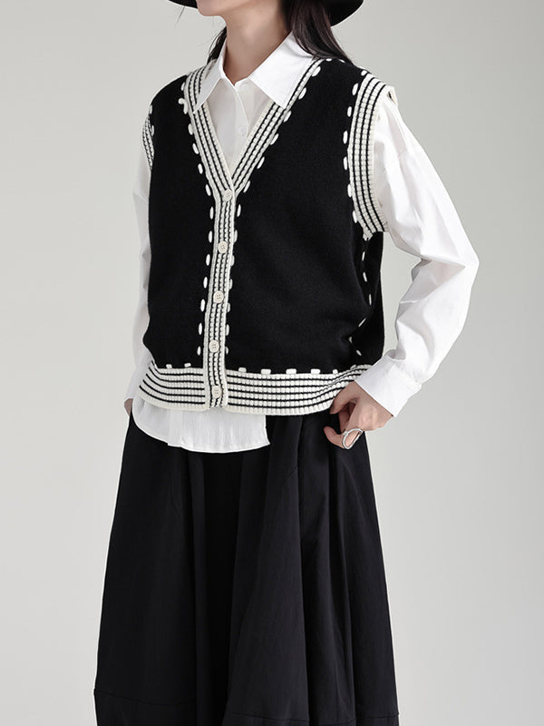 flowersverse Buttoned Contrast Color Loose Sleeveless V-Neck Vest Outerwear