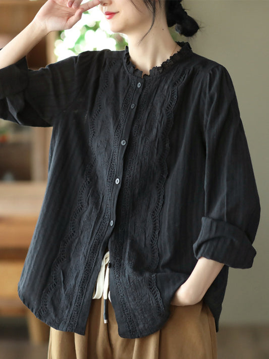 flowersverse Embroidered Long Sleeves Loose Round-Neck Blouses&Shirts Tops