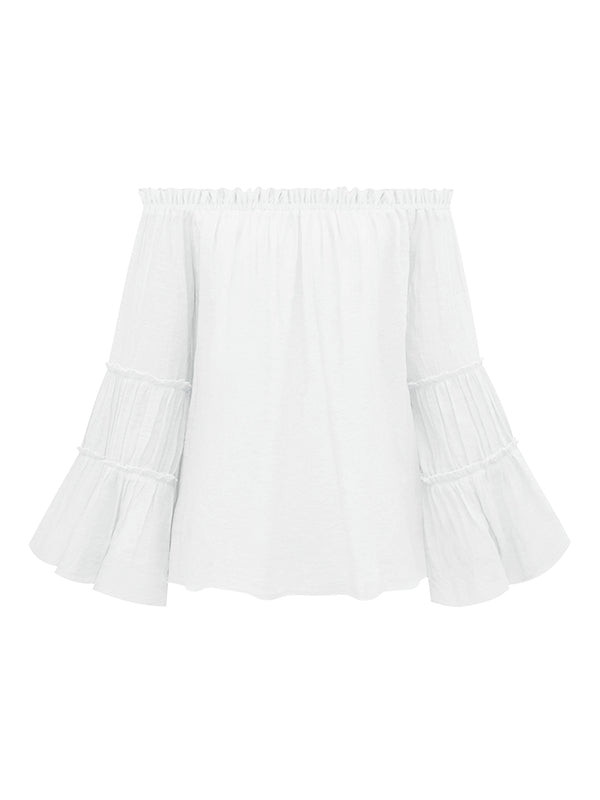 flowersverse Urban Solid Color Pleated Puff Sleeves Off-The-Shoulder Blouse