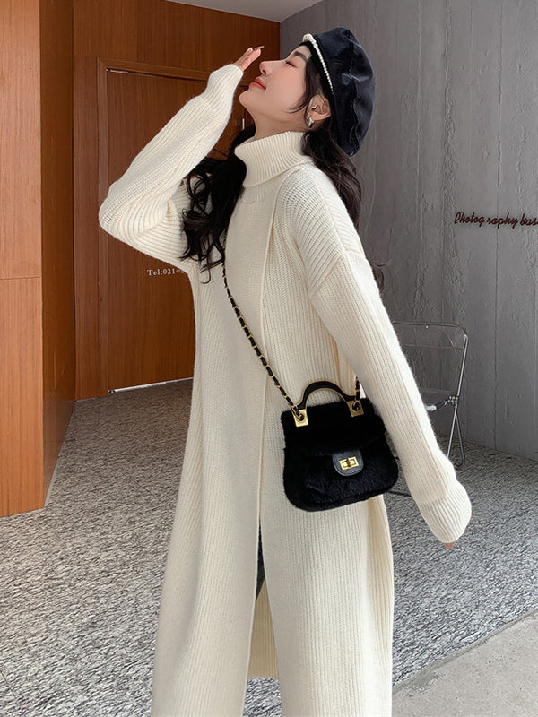 flowersverse Stylish Long Sleeves Split-Front Solid Color High-Neck Sweater Tops