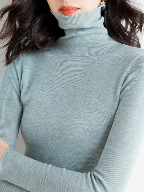 flowersverse Simple Skinny Long Sleeves Solid Color High-Neck Sweater Tops Pullovers