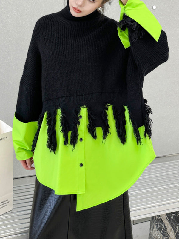 flowersverse Asymmetric Fringed Split-Joint A-Line Long Sleeves High Neck Sweater Tops Pullovers Knitwear