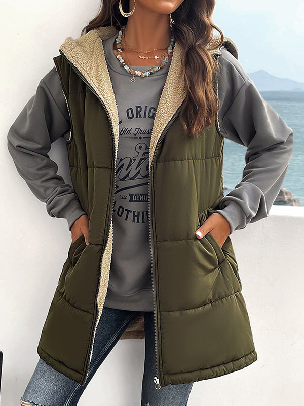 flowersverse Loose Sleeveless Pockets Quilted Reversible Zipper Hooded Padded Vest Vest Outerwear