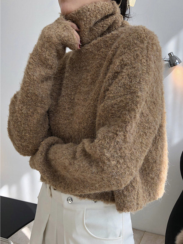flowersverse Stylish Solid High-Neck Wool-Blend Sweater