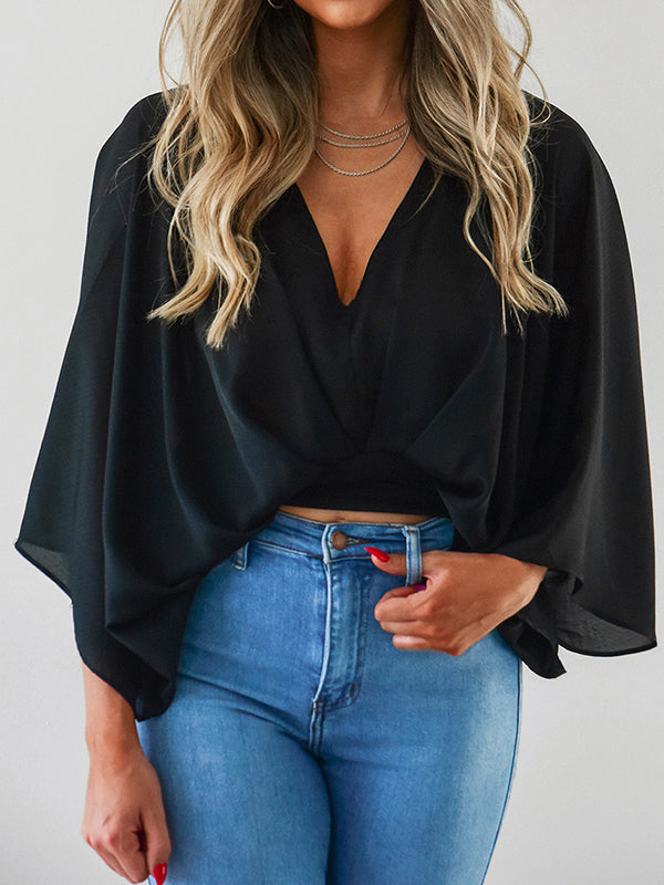 flowersverse Solid Color Loose Three-quarter Sleeves Deep V-Neck Blouses&shirts Tops