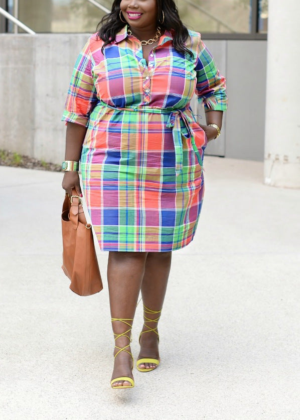 flowersverse Plus Size Printed Check Shirt Dress
