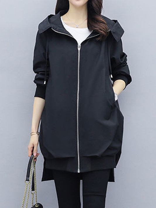 flowersverse Casual Loose 4 Colors Pleated Zipper Hooded Long Sleeves Outwear