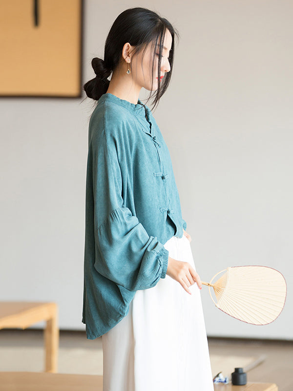 flowersverse Artistic Retro Loose Long Sleeves Buttoned Solid Color Stand Collar Blouses&Shirts Tops