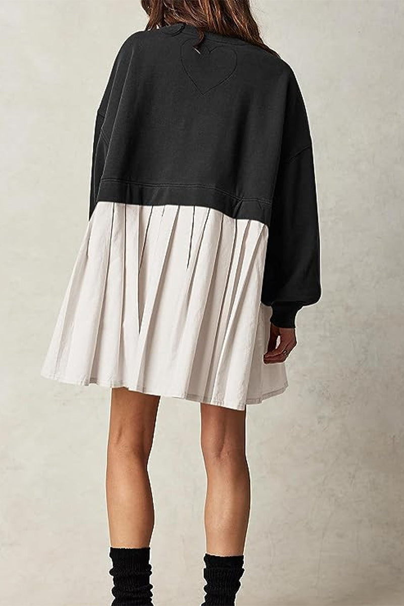 flowersverse Casual Solid Patchwork Contrast O Neck Pleated Dresses(6 Colors)