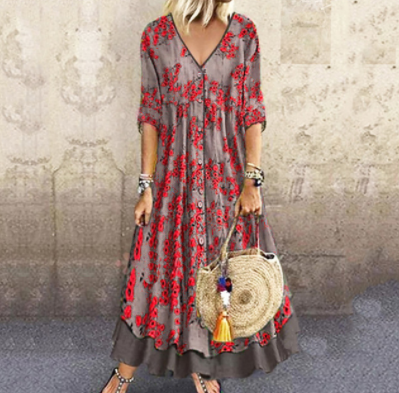 flowersverse Retro Printed Double-Layer Plus Size Women's Dress