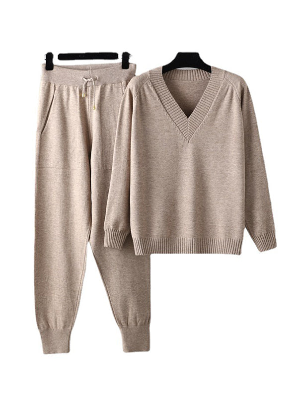 flowersverse Casual Loose Harem Pants Solid Color V-Neck Sweater Tops Pants Two Pieces Set