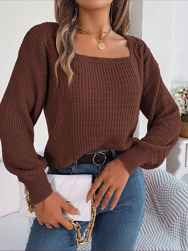 flowersverse Solid Color Long Sleeves Loose Square-Neck Sweater Tops Pullovers