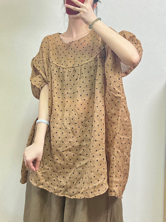 flowersverse Polka-Dot Split-Joint Half Sleeves Loose Round-neck Blouses&shirts Tops