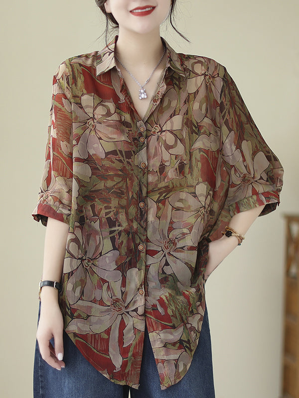 flowersverse Buttoned Flower Print Tied Long Sleeves Loose Lapel Blouses&Shirts Tops