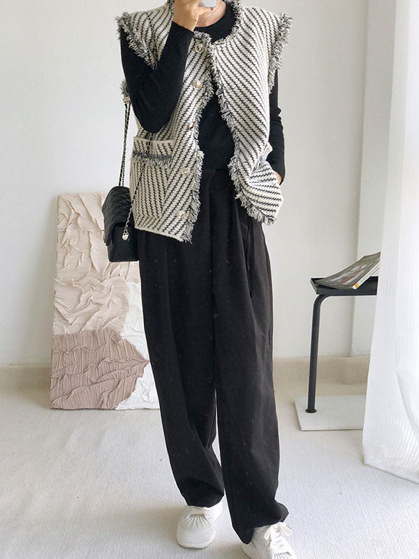 flowersverse Buttoned Fringed Pockets Striped Loose Sleeveless V-Neck Vest Outerwear