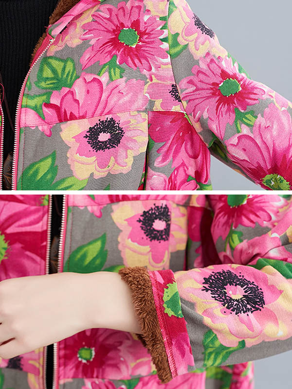 flowersverse Artistic Retro Velvet Floral Printed Zipper Hooded Long Sleeves Outwear