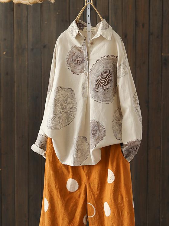flowersverse Ramie Cotton Loose Annual Ring Pattern Shirt Tops
