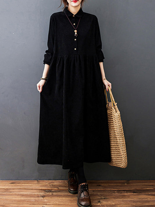 flowersverse Vintage Split-Joint Solid Color Long Sleeves Lapel A-Line Corduroy Midi Dress