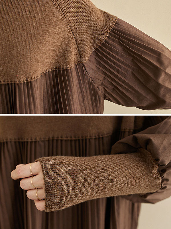 flowersverse Knitting Pleats Split-Joint High-Neck Pullover Top