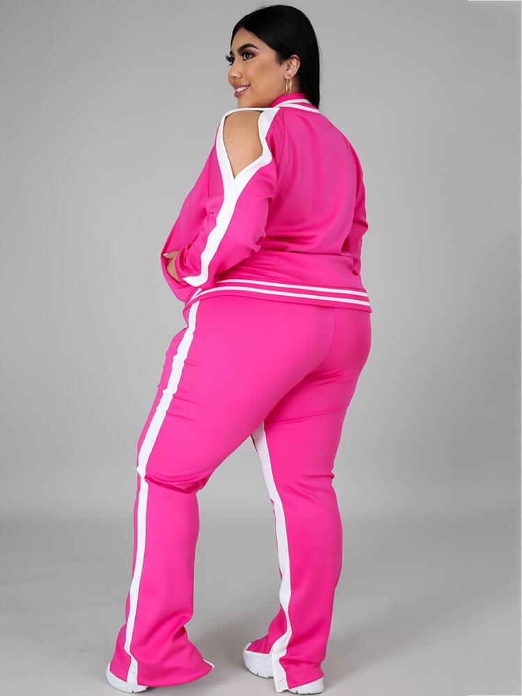 flowersverse Plus Size Cold Shoulder Jacket+Pants Sets