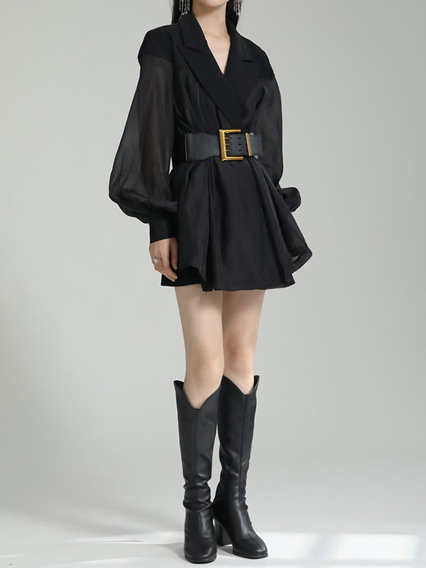 flowersverse See-Through Split-Joint Tied Waist Loose Puff Sleeves Lapel Blouses&Shirts Tops