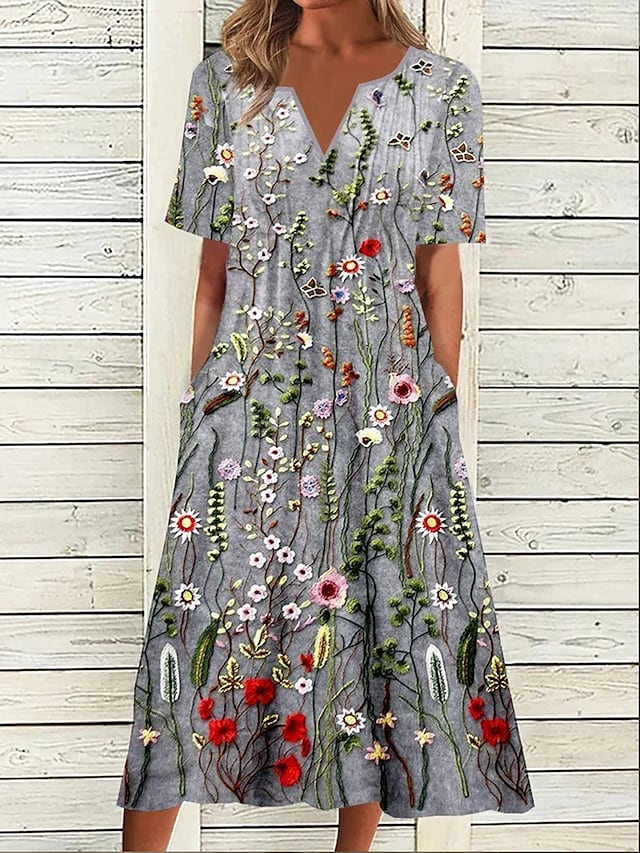 flowersverse Women's Casual Dress Summer Dress Print Dress Floral Pocket Print V Neck Midi Dress Active Fashion Outdoor Daily Short Sleeve Loose Fit Gray Spring Summer S M L XL XXL