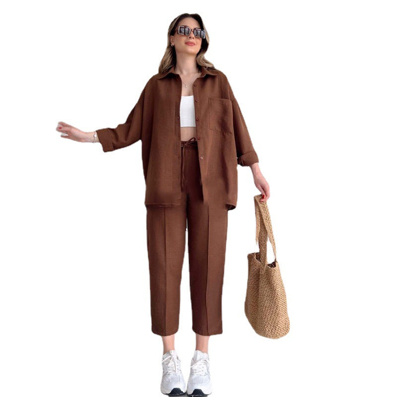 flowersverse Plus Size Women's Fall Casual Loose Shirt Coat Cropped Sport Harem Pants Two-Piece Set
