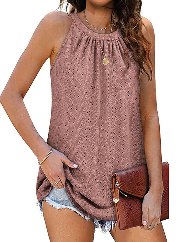 flowersverse Hollow Solid Color Loose Sleeveless Round-Neck Vest Top