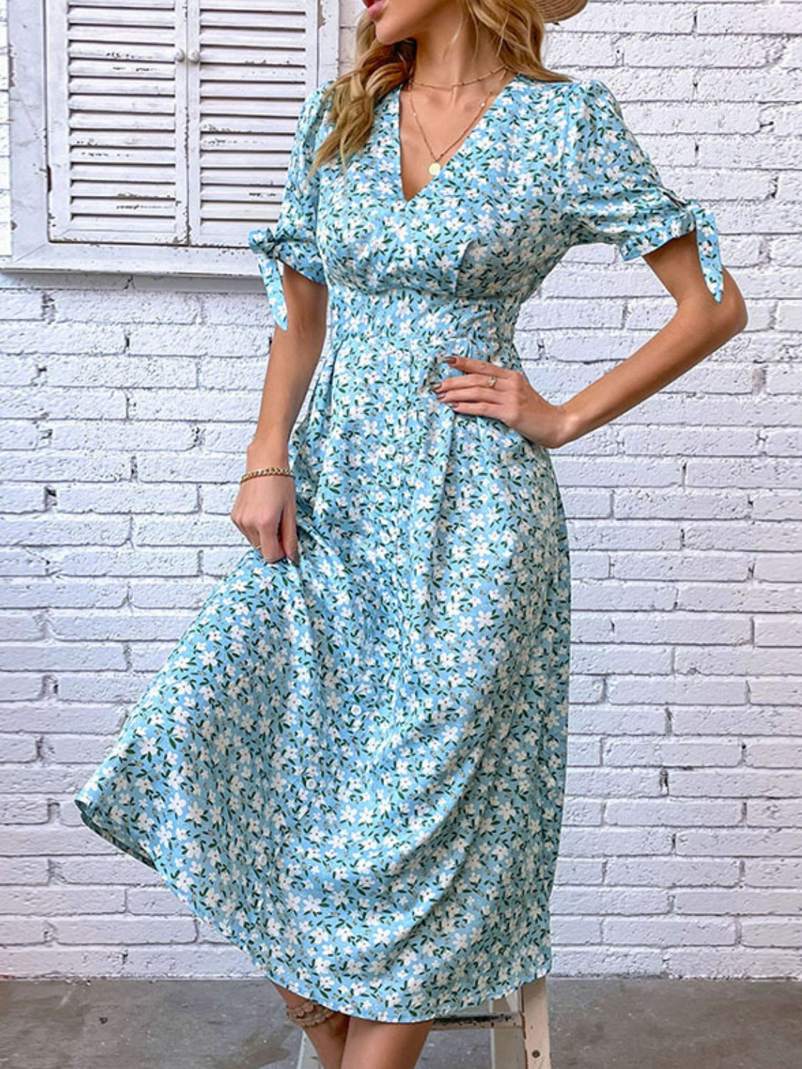 flowersverse Floral Tied Puff Sleeve V-Neck Dress