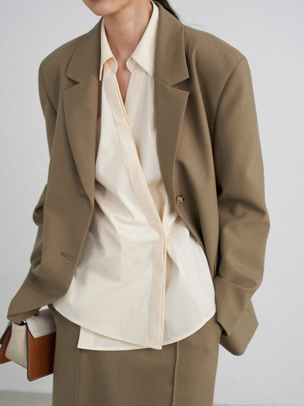 flowersverse Asymmetric Buttoned Solid Color Long Sleeves Loose Lapel Blouses&Shirts Tops