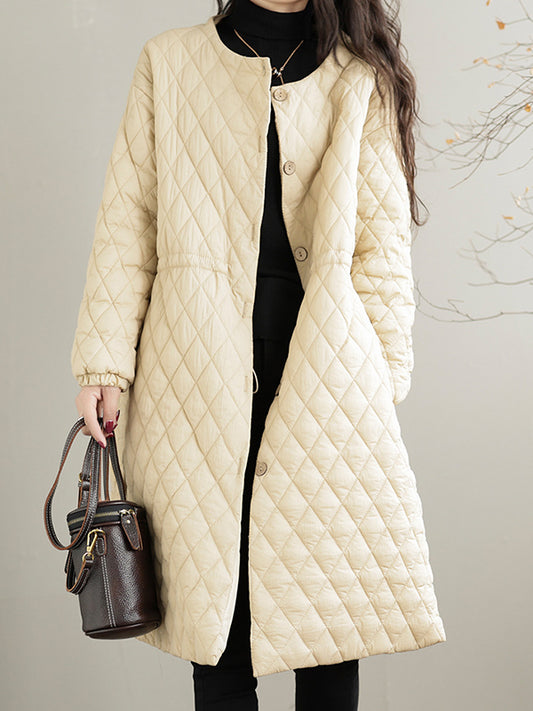 flowersverse Buttoned Cotton-padded Clothes Quilted Long Sleeves Loose Round-neck Padded Coat